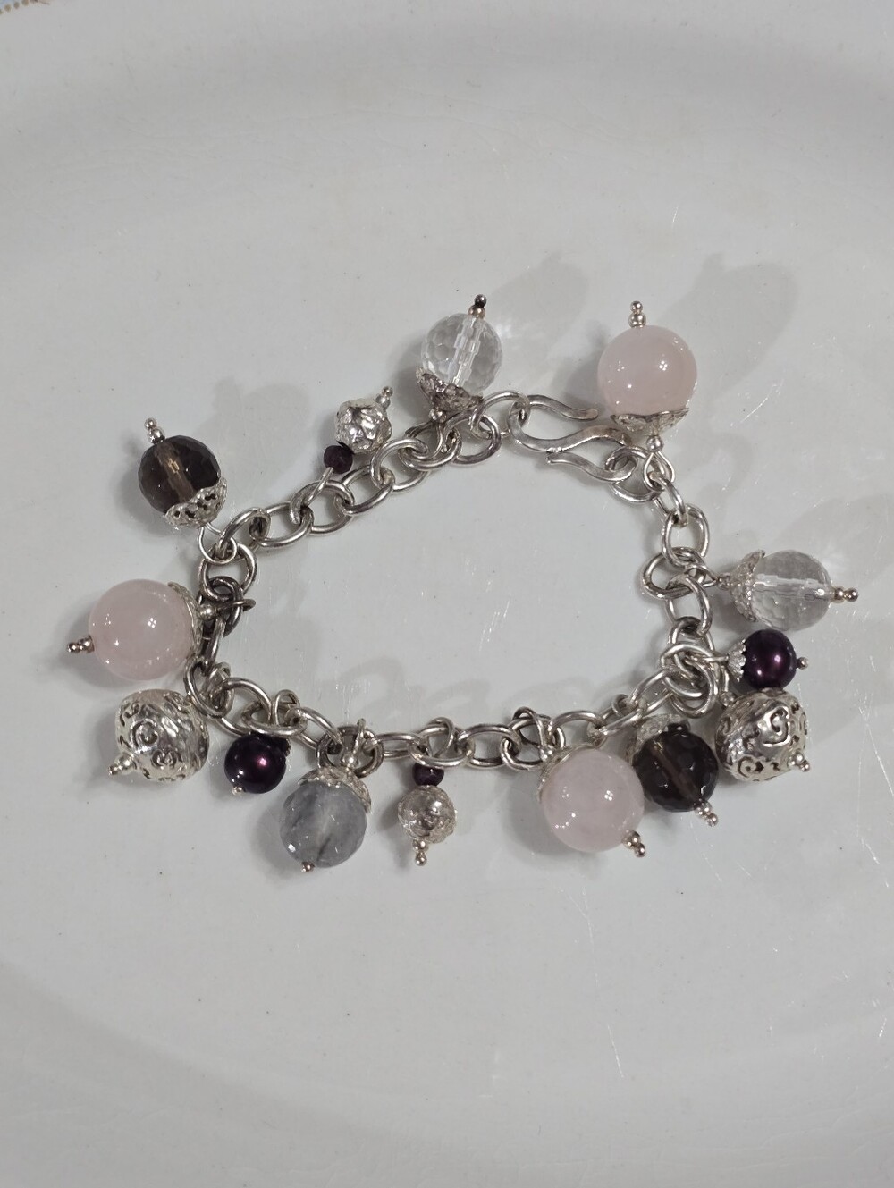 PZ Isreal 925 Sterling Silver Charm Bracelet Rose Smoky & Clear Quartz